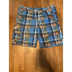 Chaps Plaid‎ Swim Trunks Swimsuit Shorts with Pockets Blue Medium